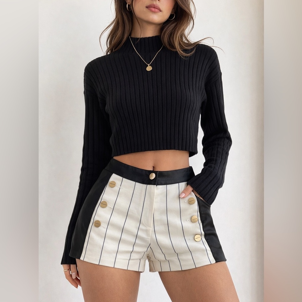 Marciano Black and White Striped High Waist Shorts with Gold Buttons